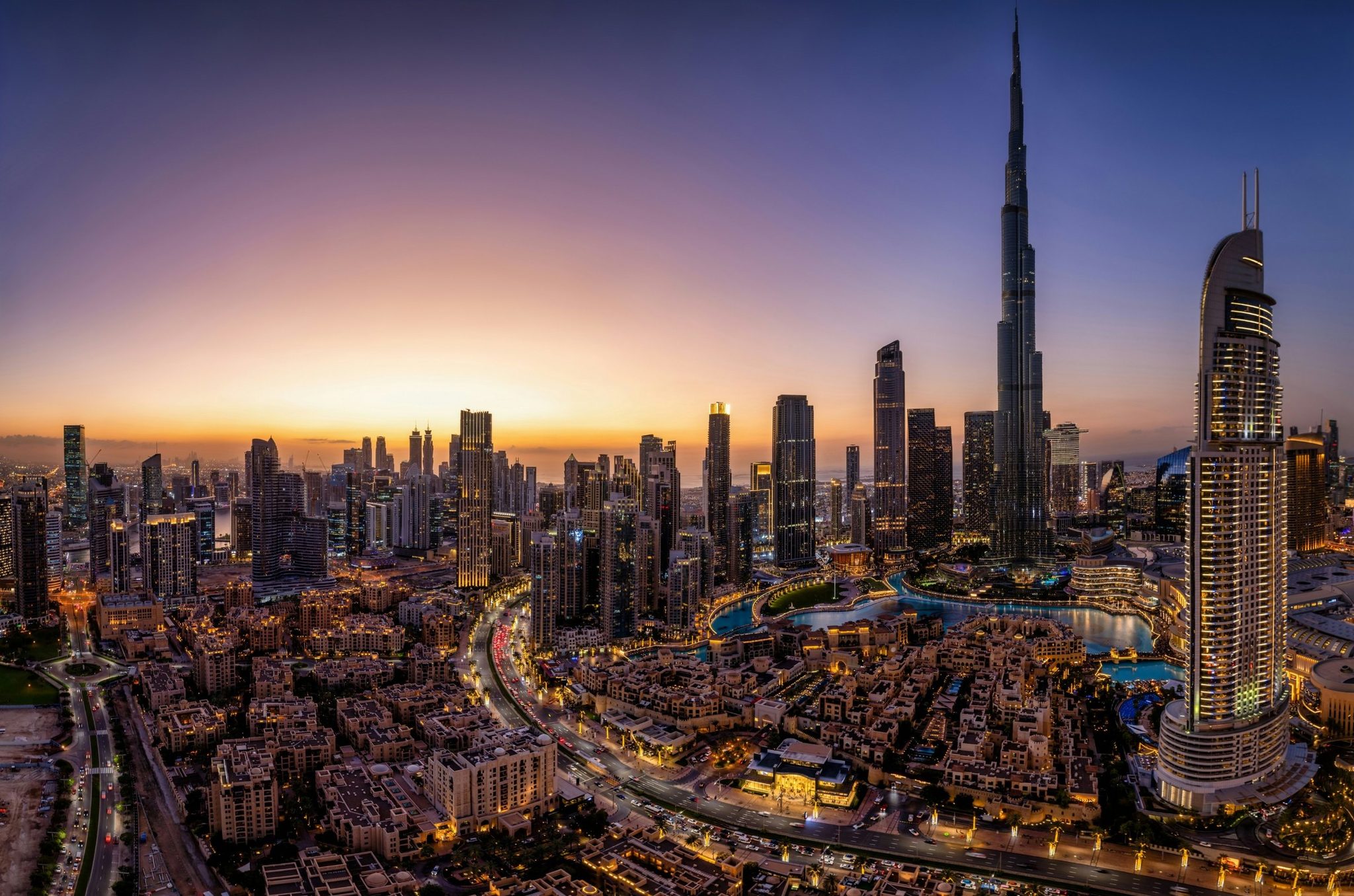 The Dubai skyline at sunset