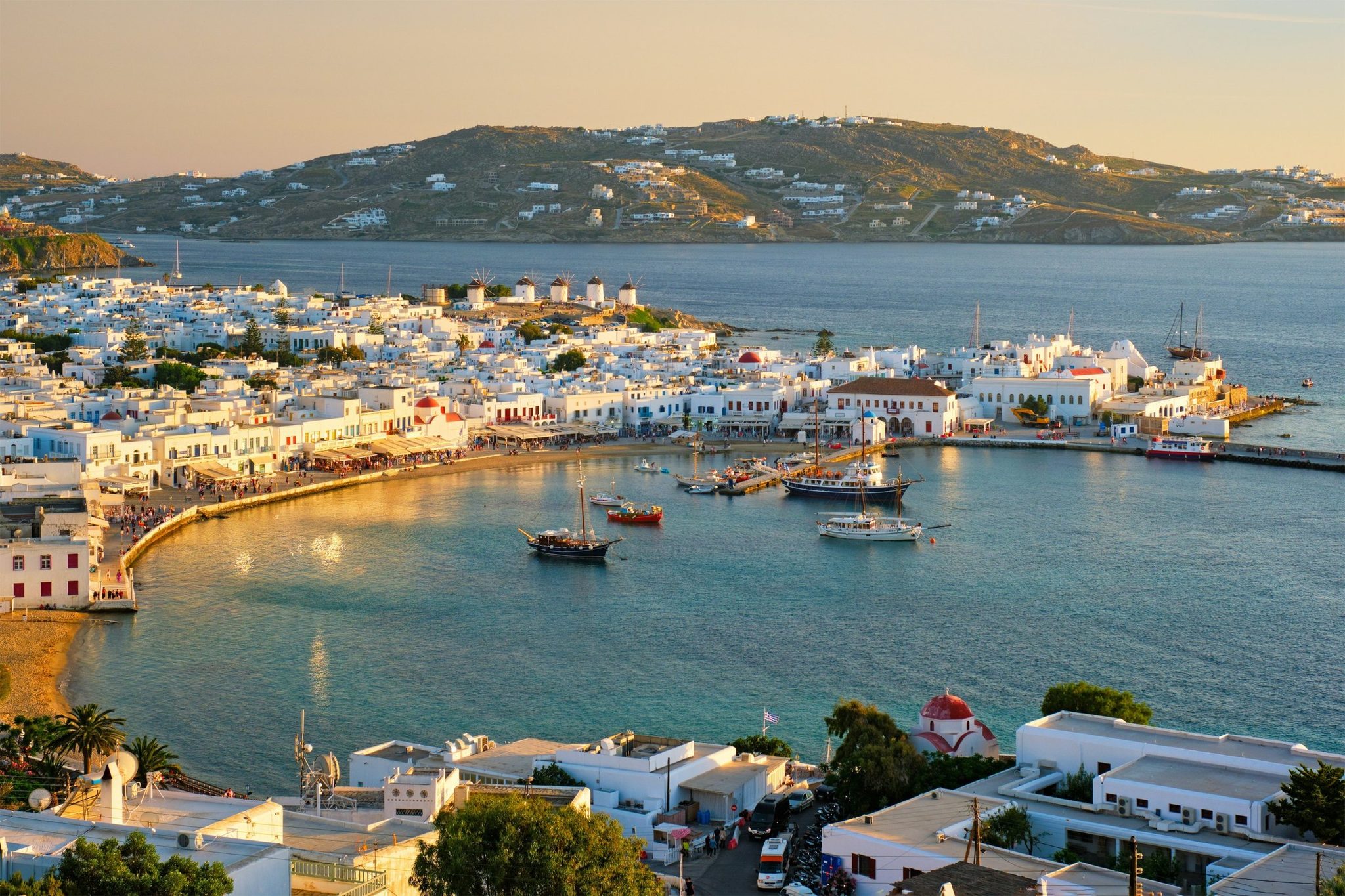 The harbour of Mykonos at golden hour