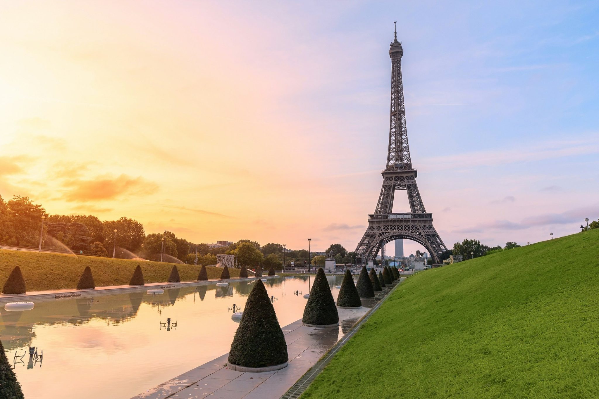 The Eiffel Tower from the gardens at sunset